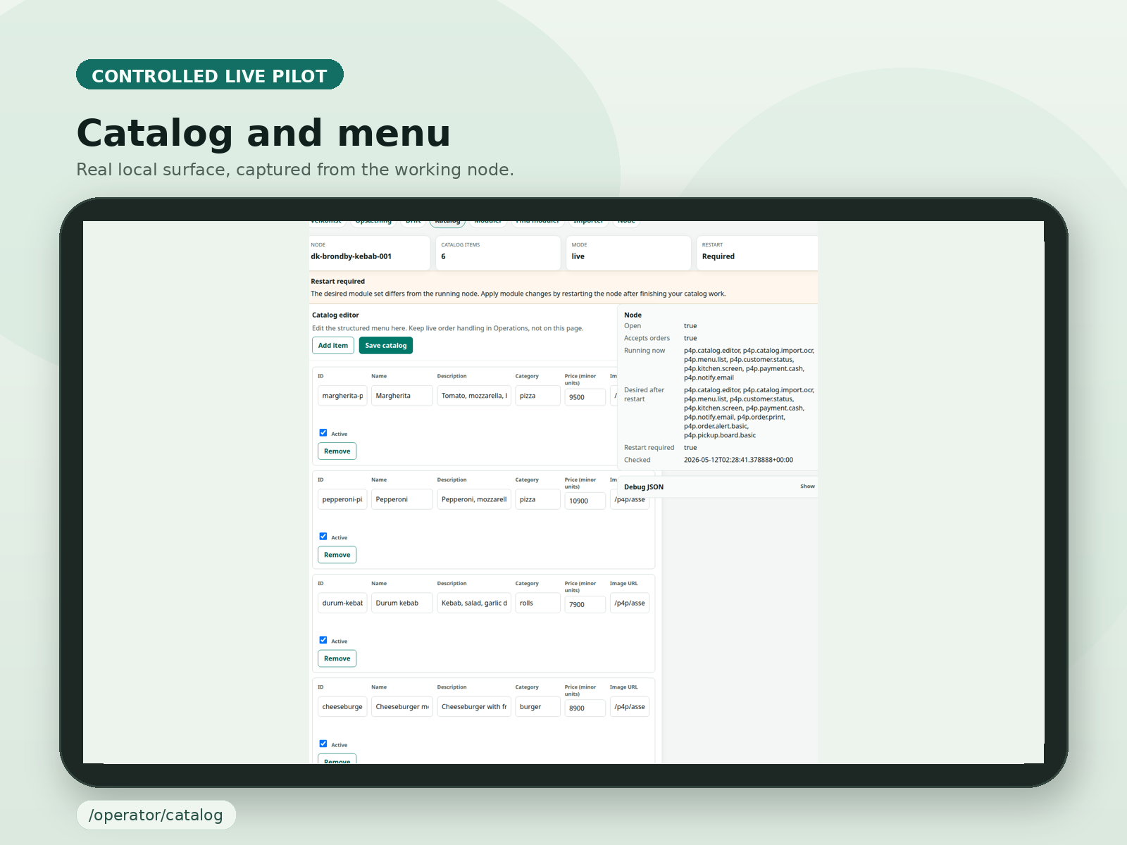 Curated tablet plate of the P4P catalog room showing local menu items and editing controls.