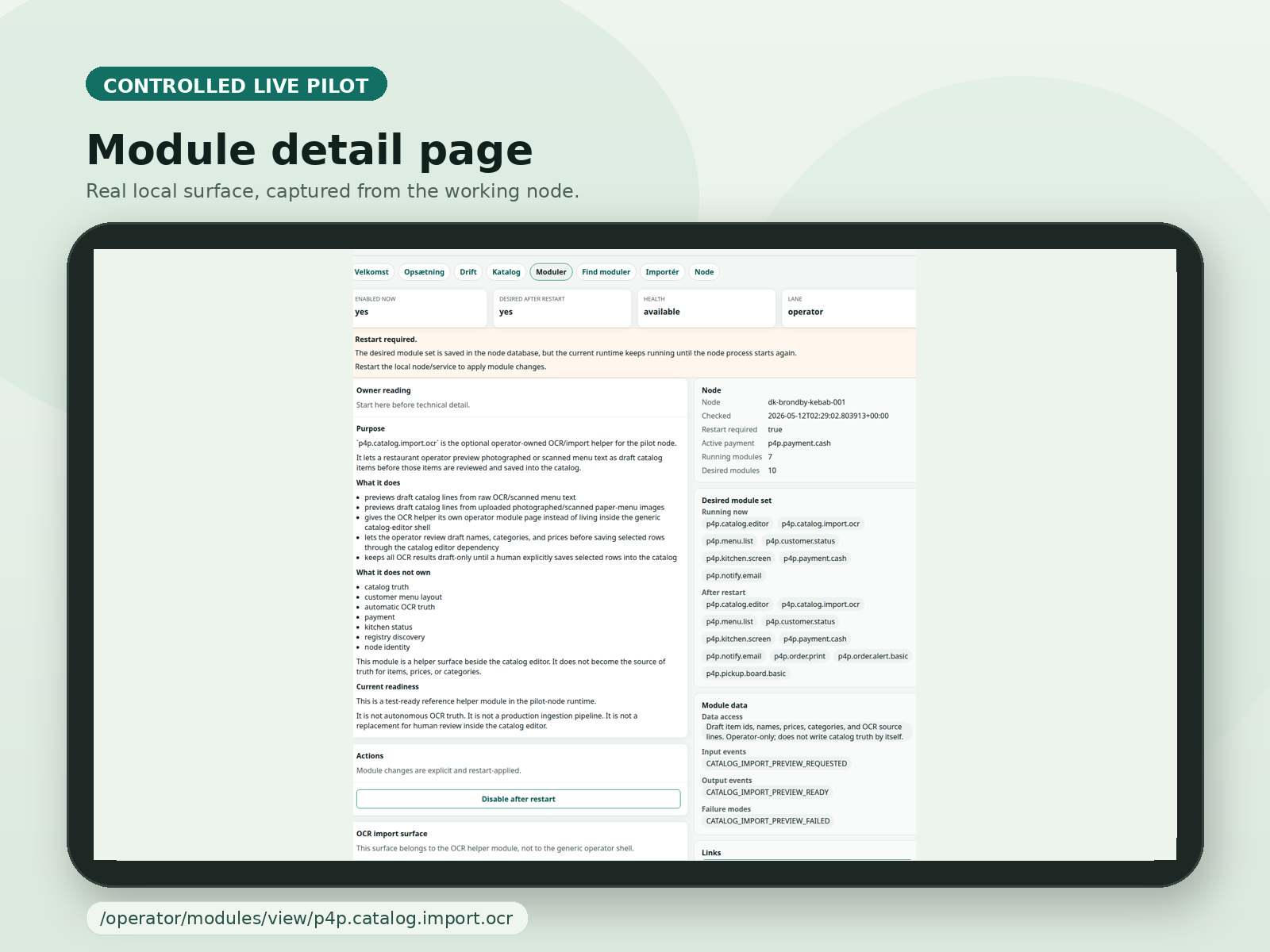 Curated tablet-plate af P4P moduldetaljesiden for OCR-importmodulet med owner-first forklaring og lokal status.
