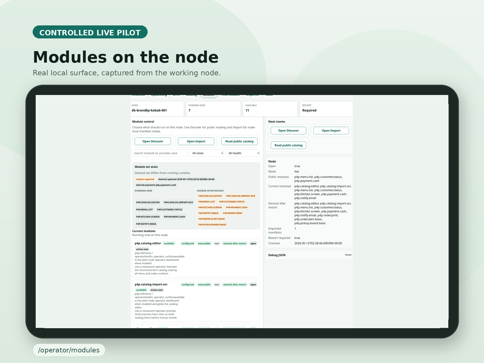 Curated tablet plate of the P4P modules room showing current modules, desired modules, and restart-required truth.