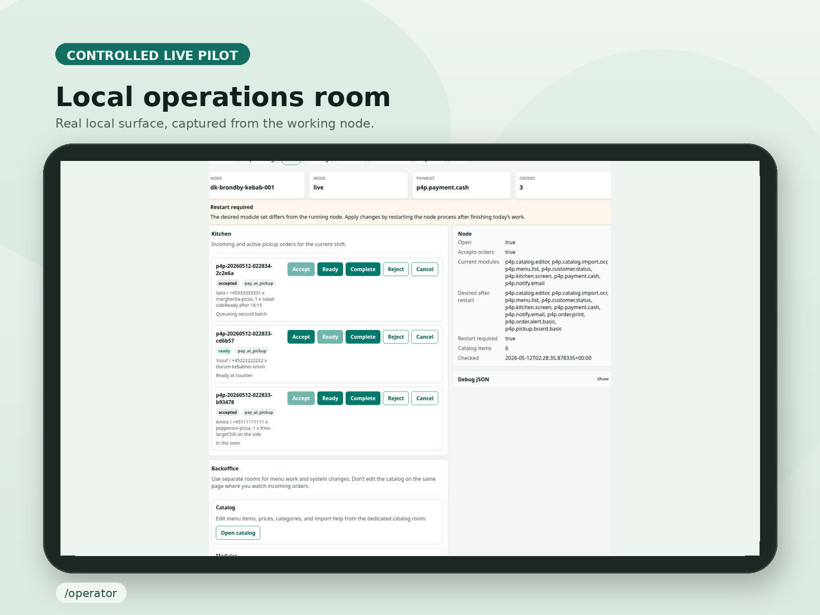 Curated tablet plate of the P4P operations room showing kitchen flow, order status, and local node state.